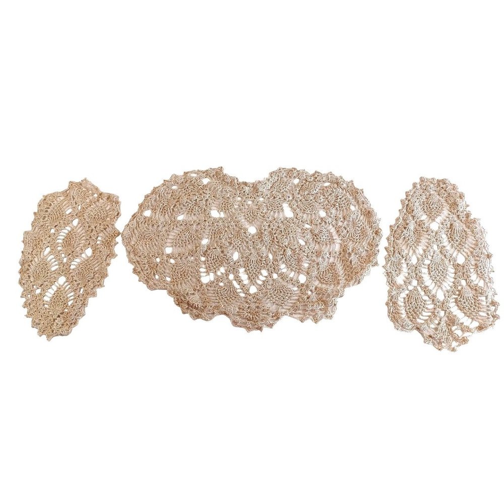 Vintage Grandma's Hand Crochet Doily Set of 3 Handmade Beige & Gold Table Topper